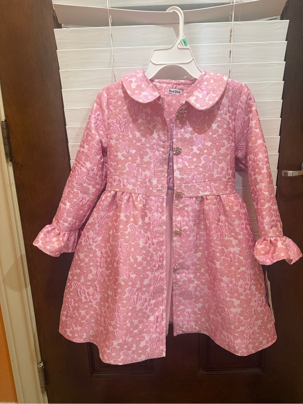 Blueberi Boulevard Pink Floral Jacquard Girls' Pea Coat